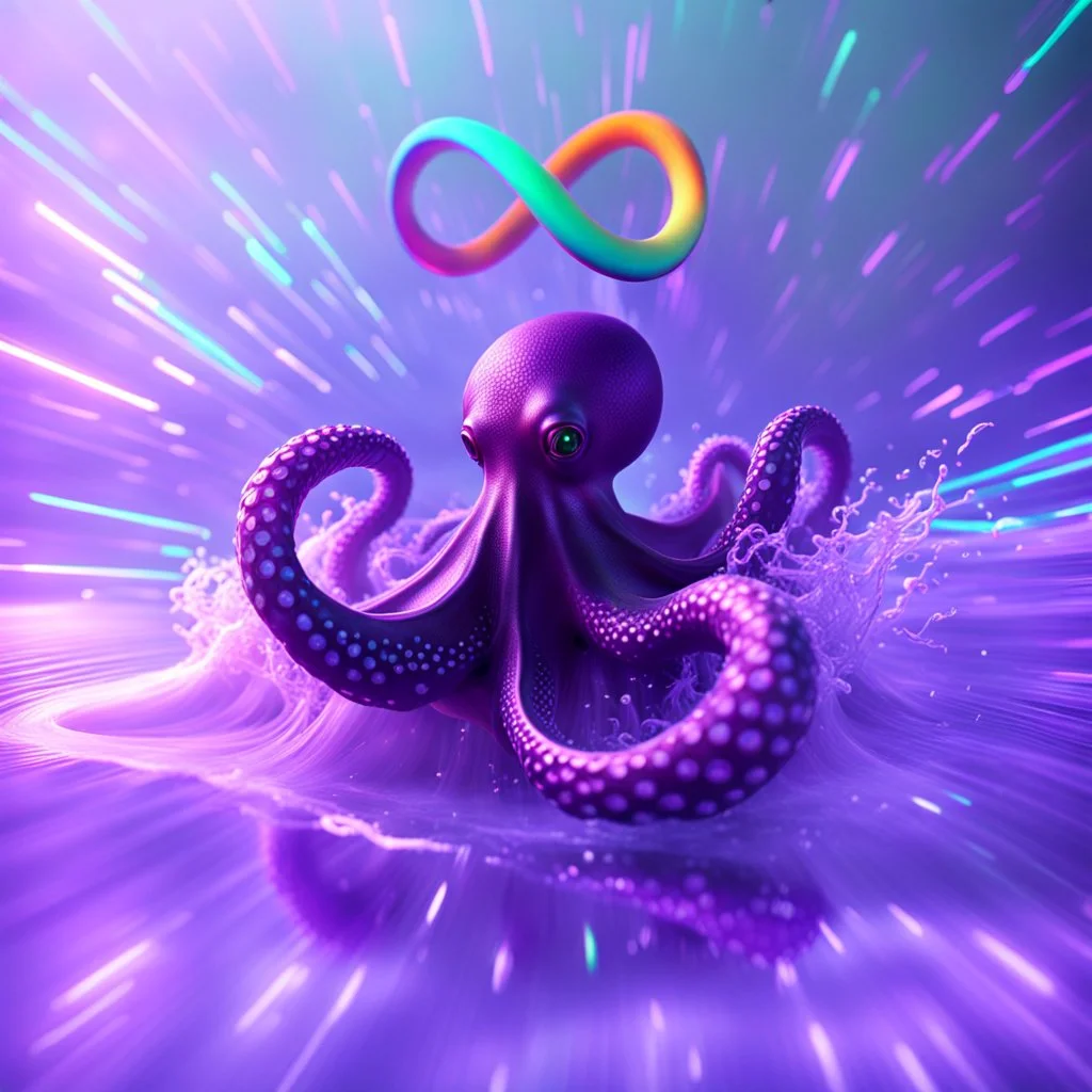 infinity symbol ∞ with vibrant powerful octopus jumping out of the water, striking, neon, chiaroscuro, dramatic, captivating, powerful, fantasy, beautiful, octane render, 16k post-production, artstation: award-winning: atmospheric: commanding: fantastical: clarity: ultra quality: striking: brilliance: stunning colors: amazing depth; lens: f/11, 35mm