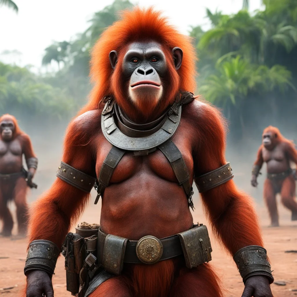 the Orangutang Queen smiles, ready to fight, in dust, rust and blood, her body is covered with cartridge belts