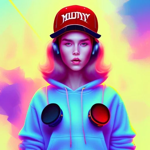 a girl wearing a baseball cap holding a small boombox in her hand, full shot. paint splashes, outrun, vaporware, shaded flat illustration, digital art, trending on artstation, highly detailed, fine detail, intricate