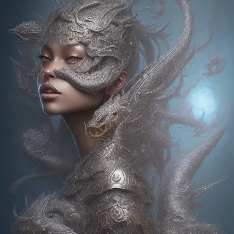 sango fantasy, fantasy magic, intricate, sharp focus, illustration, highly detailed, digital painting, concept art, matte, artgerm and paul lewin and kehinde wiley, masterpiece sexy lips Asian afro lips black African lady body mermaid Dragon head silver bright rain lady outer space pretty skull head