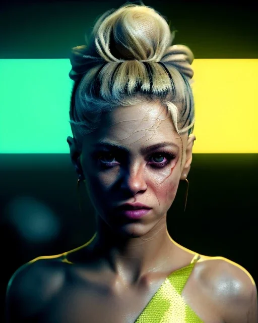 portrait, Shakira, blonde artist, angry, Realistic image, MMA robe, hoodie, mma gloves, loose long hair, fight pose, eyes, make-up, gold line make-up, moisture, sweat, fog, goddess, Neon colors, leds. Black background, photo studio, concept art, smooth, unreal engine 5, god lights, ray tracing, RTX, lumen lighting, ultra detail, volumetric lighting, 3d, finely drawn, high definition, 4k.