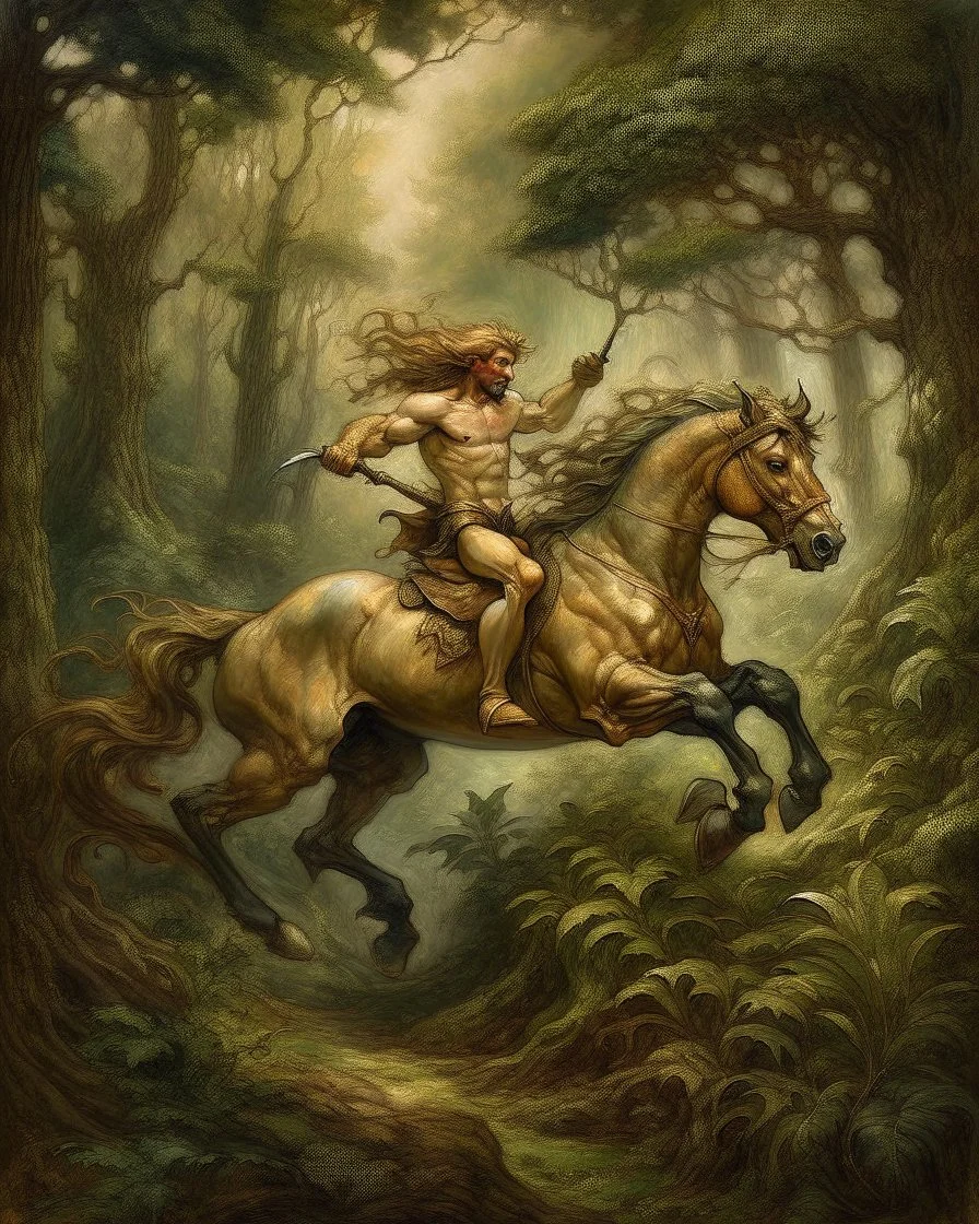 A centaur majestically galloping through the dense forest in the style of gustav dore, fantastical landscape, soft strokes , mythology portrait, classic painting