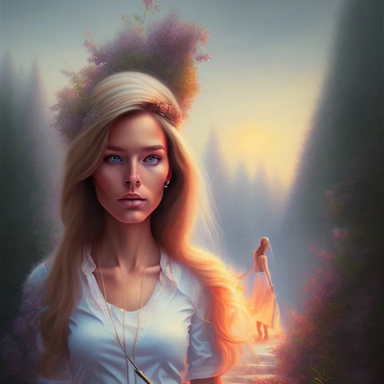 Marzia Kjellberg, painting, realistic, walking off into the sunset, high fantasy