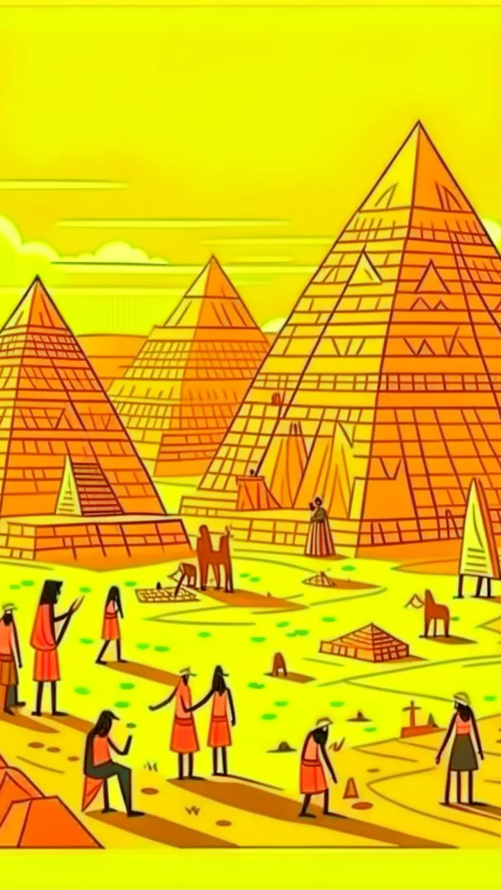 Ancient pyramids with homes around. African men and women buying and selling goods