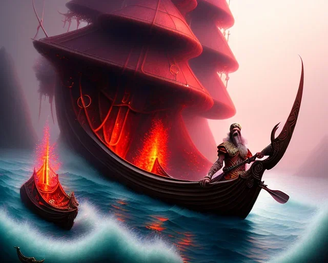 sango fantasy, fantasy magic, intricate, sharp focus, illustration, highly detailed, digital painting, concept art, matte, Greek mythology Charon ferryman in boat on river styx, sharp jagged rocks, red purple blue colours, red hot lava river