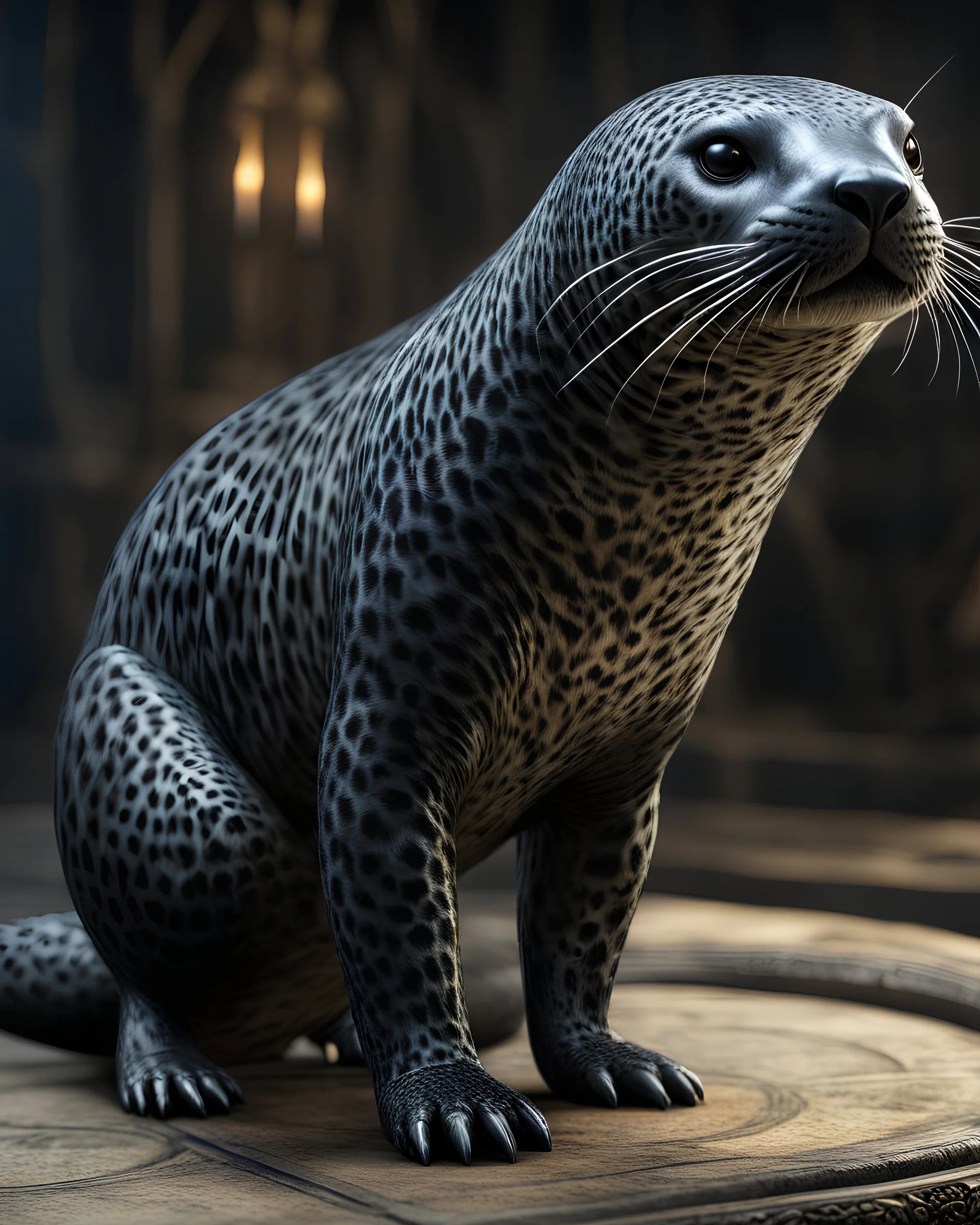 tabletop role-playing miniature of a leopard-seal-sea-otter-hybrid. full body. concept art in the style of giger, gustave doré and lord of the rings. hyperrealism 4K ultra HD unreal engine 5 photorealism.