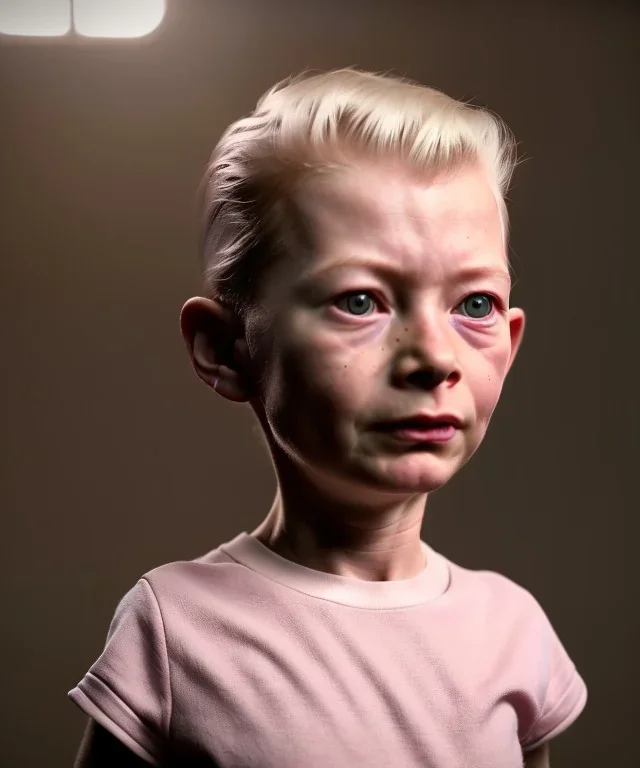 Tilda swinton toddler, full body, shoe, car, soft, dramatic lighting, hyper realistic