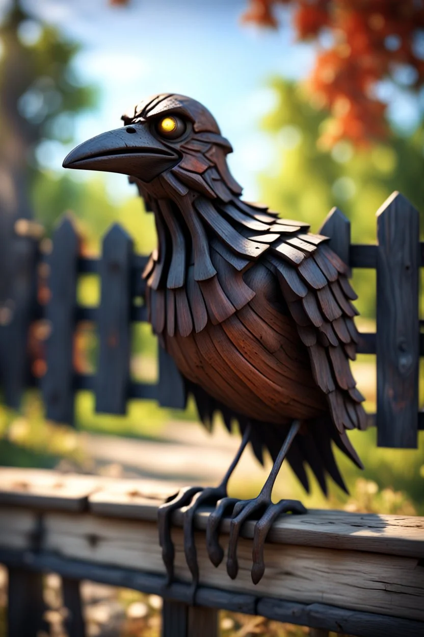 smilende zombie crow av tre foran et kastanjegjerde in the style of giger and fallout 4 ,,bokeh like f/0.8, tilt-shift lens 8k, high detail, smooth render, down-light, unreal engine