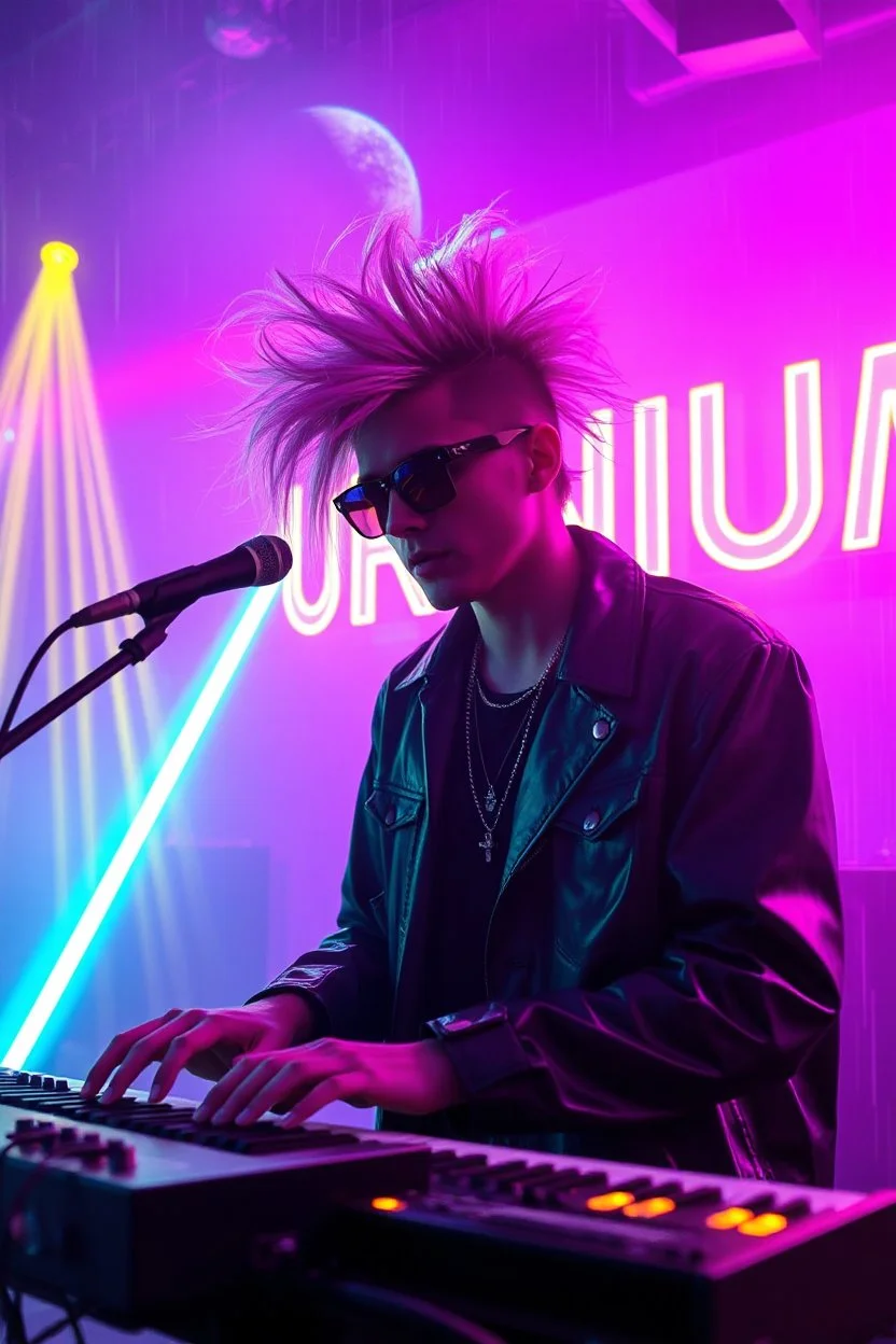 French cool synth player with crazy techno acid hair, he is called "Jean-Maurice Brûlée" performing at dance club, his name is "Jean-Maurice Brûlée" , white and purple Neon lights and purple smog, yellow shower rain, and "URINIUM" big sign on the wall, he is playing on synthesizers on stage with lot of laser beams and wearing black sunglasses, an earth is projected in background