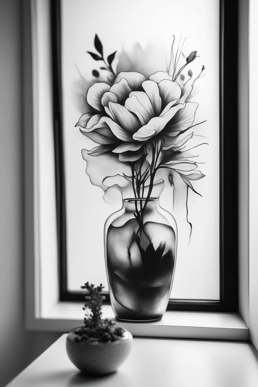 A realistic drawing in negative space black ink on white background a flower in vase in a window with blurred background with abstract brushstrokes tattoos to enhance her face max enrist