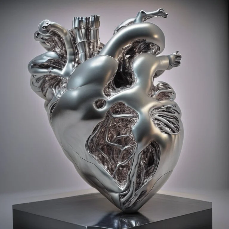 stainless steel sculpture of human flesh-like heart formed by human bodies