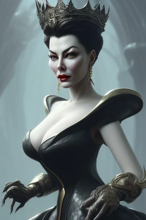 Ava Gardner as evil queen in black leather, busty, cleavage, curvy, angry, stern look. character design by cory loftis, fenghua zhong, ryohei hase, ismail inceoglu and ruan jia. unreal engine 5, artistic lighting, highly detailed, photorealistic, fantasy