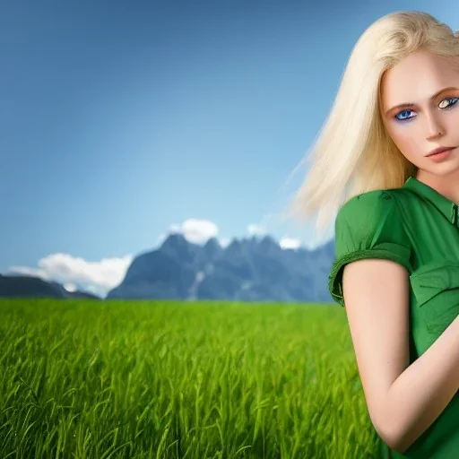 beautiful young blond Swiss girl standing in green field, mountain, sun, wearing blue shirt over, open arms, realistic eyes, blue eyes, unreal engine, photograph, realistic skin texture, photorealistic, hyper realism, highly detailed, 85mm portrait photography