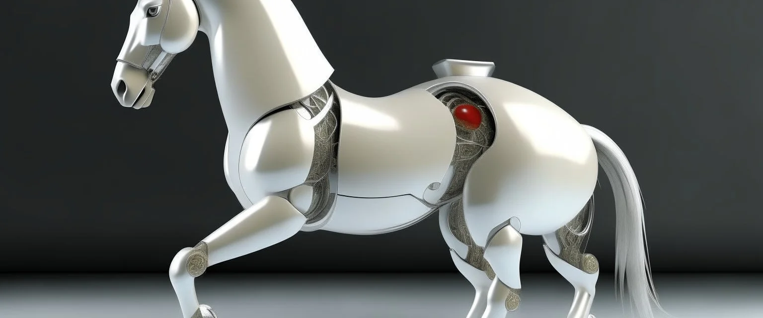 A robotic horse with an Apple logo called “iBots”, suggesting it’s made from an Apple product’s casing. Its glossy white and silver limbs are mechanically jointed, reflecting a scarabet’s anatomy. The design is a creative fusion of technology and organic form, compactly labeled “ibots.” Hyper detailled, hyper realistic, 4K, sharp render