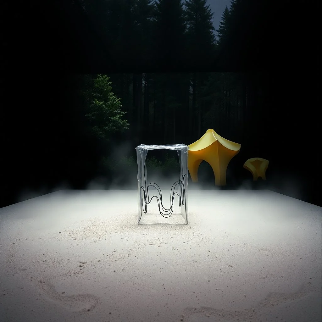 A photo of a closed environment in a dark closed space. In the background there is a forest. Più piani si intersecano. At the center, a structure made of plastic. Plants, clouds. Max Ernst. The surface below appears to be sandy, with small accumulations of sand, scorrere dell'infinito. Fog, powder. In the background, other forms or structures are visible, pastel colors, yellow. The photo was taken with a Hasselblad H6D 400c camera.