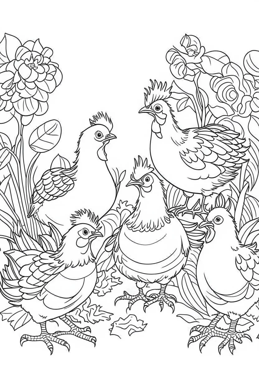 Outline art, hen and chicks in the garden, cartoon style, low detail, --ar 9:11