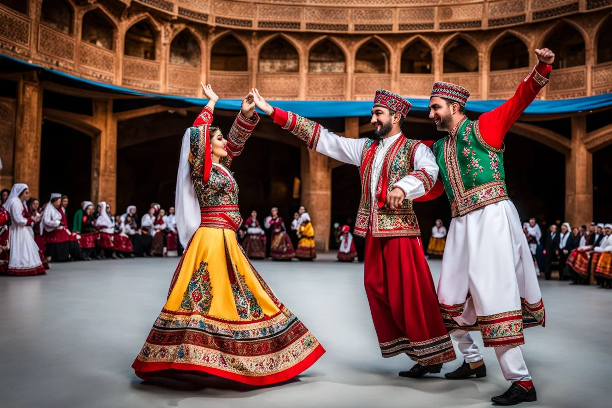 a man and a woman in Azerbaijan costume ,dancing Azerbaijan folk dance togather