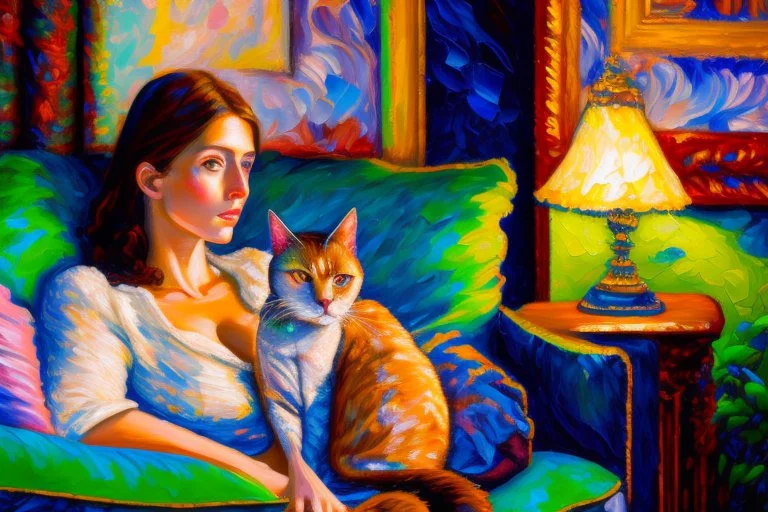 impasto, hard plastic strokes, closeup, night, light brown haired woman with cat on sofa in an elegant room S<AI in tiffany lamp light Weight:1 neo-impressionism expressionist style oil painting, smooth post-impressionist impasto acrylic painting, thick layers of colourful textured paint Weight:0.9