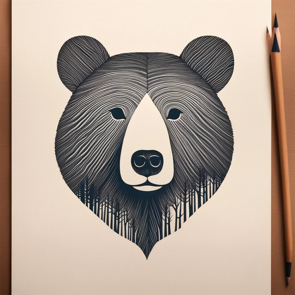 M shaped bear head combined with woods silhouette in backround, letterpress style, minimalistic pencil art