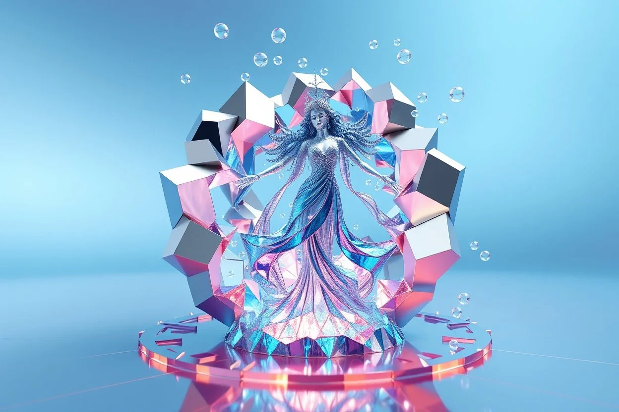 very complex 3d structure ,pretty viberating blue tema color environment 3d metalic and crystal recursive evolving and animating beveled geometric base very complex CIFY structure emiting bubbles that broke, goddess of love in a pretty modern dress comes out dancing fast hip hop, viberating color moving very in modern city escap environment while camera tracking it.write in down screen 3d animating"Made in Qwen By:J.Babakan"