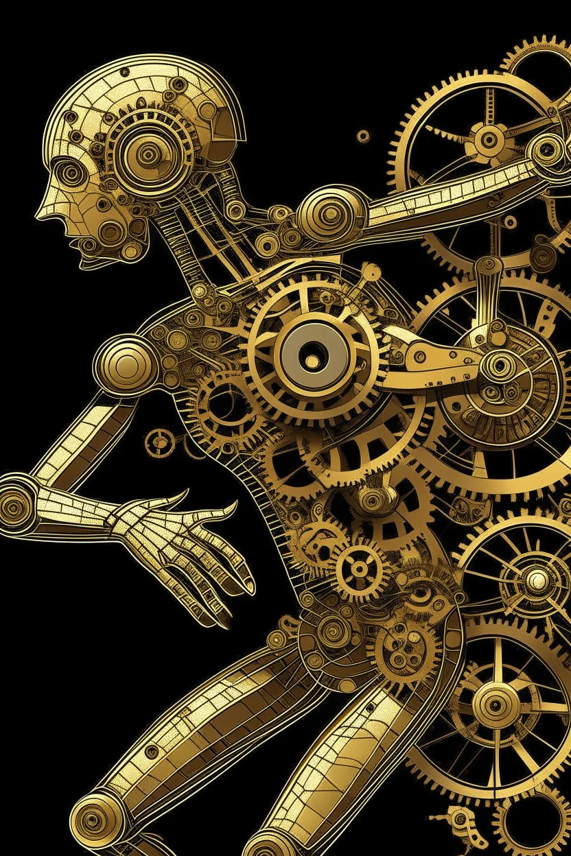 mechanical man dancing detailed cogs and screws leonardo da vinci style detail STYLE OF Hiroshi Nagai