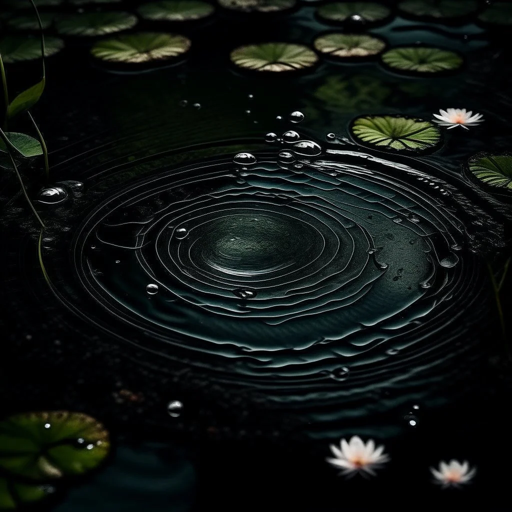 a raindrop creating one beautiful circle in a pond, dark colours