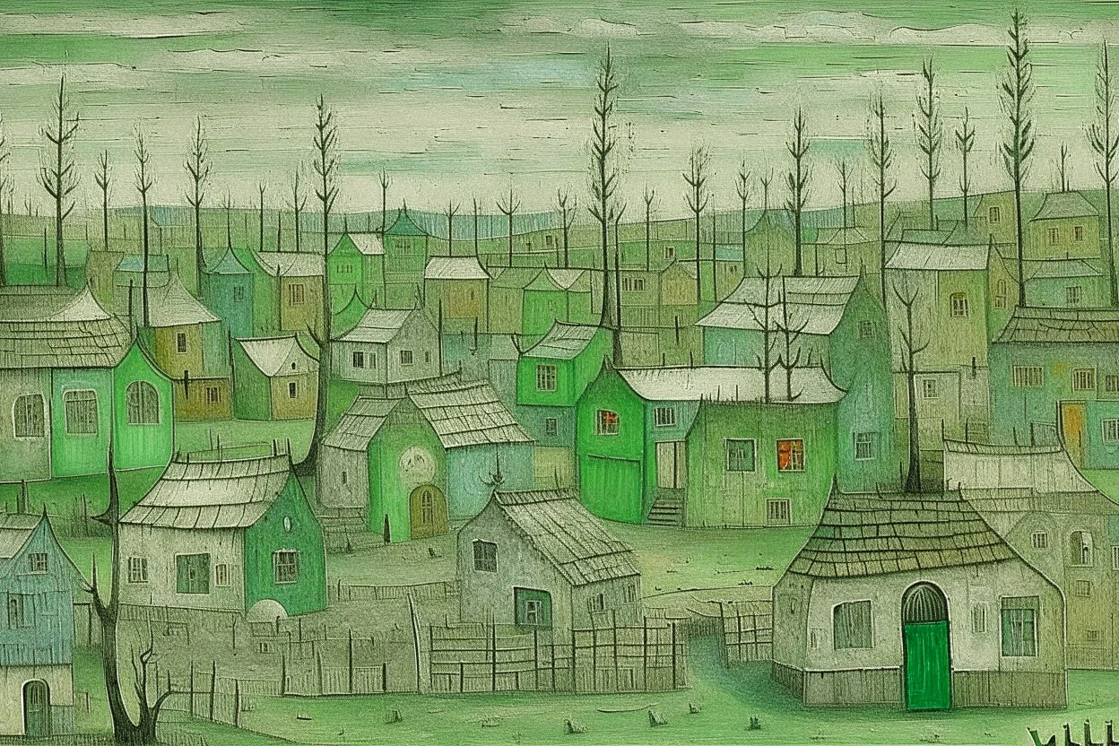 A light palish green abandoned moldy village designed in Scandinavian folk art painted by Paul Klee