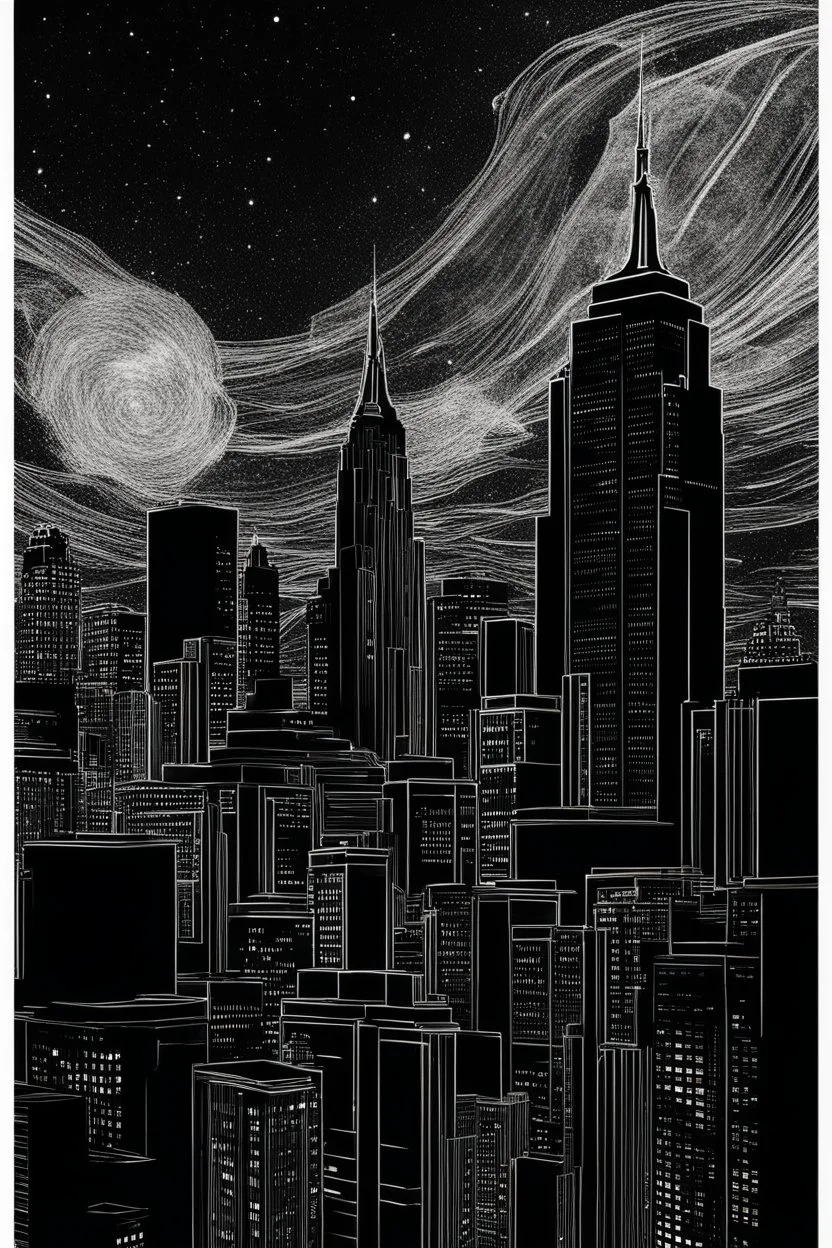 New York City buildings at night in Abstract Fluid, Galaxy nebula thin line draw style