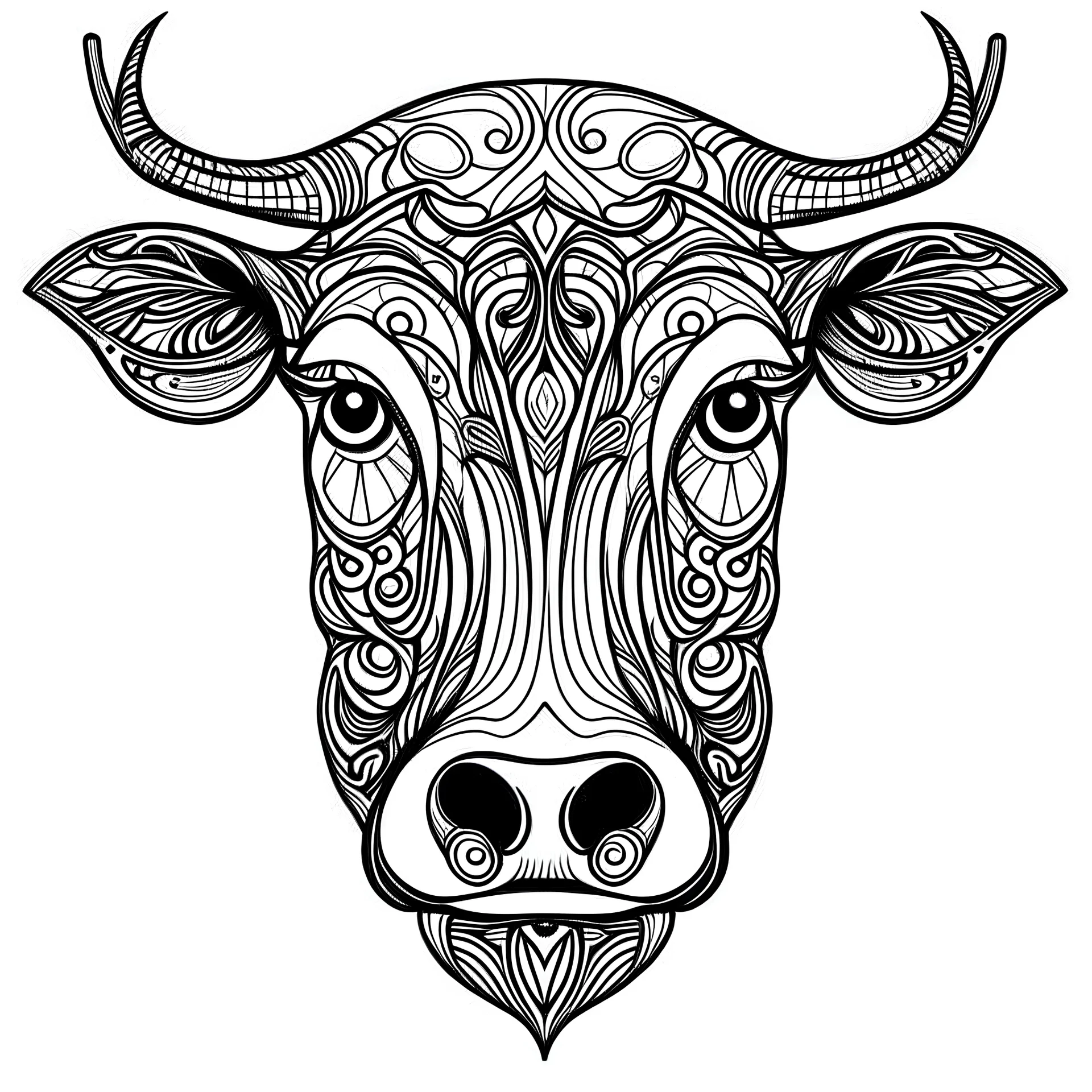 cow front face view, minimal lines, cartoon, mandala, white back ground color, real style, realistic, minimalistic, minimal black line art, line art, crisp line art, unique coloring sheet, outlined, outline, crisp, crisp line edges, illustration, thin lines, crisp clear lines, line art, clean line art, unique, 8k, amazing, masterpiece, no colors, no dark color, no black color, avoid thick black, minimalistic line edges, pure white back ground, image character full fit to page,