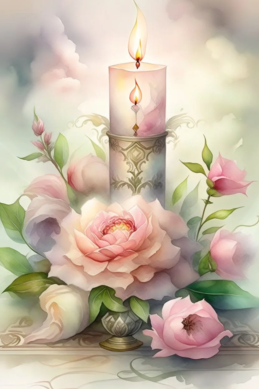 MAGIC A PYRAMID CANDLE IS BURNING AROUND WONDERFUL FLOWERS English watercolor, Smoky cream, pale gray, pale pink, pink background. bright light, a bouquet of roses on the table are pale pink, pale bordeaux, white, ochre. green stems, the light is translucent. Watercolor, fine ink drawing, peonies in an hourglass, elegant gold inlay, rich interior