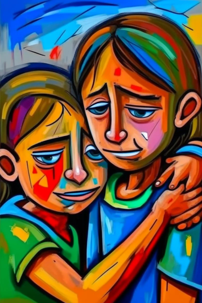 a girl hug her brother and both crying sadly, expressionism, Pixar style, in abstract art Basquiat, Picasso, Miro, Kandinsky, Klee, Birell, Fairey, Ardon, Buffet aand Picasso style, HD --s 750 --v 5.1 --style raw, water color