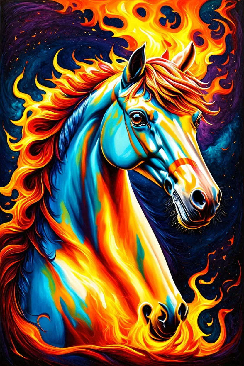 stylized fractal art of a fire horse done in various colored pencil mixed media