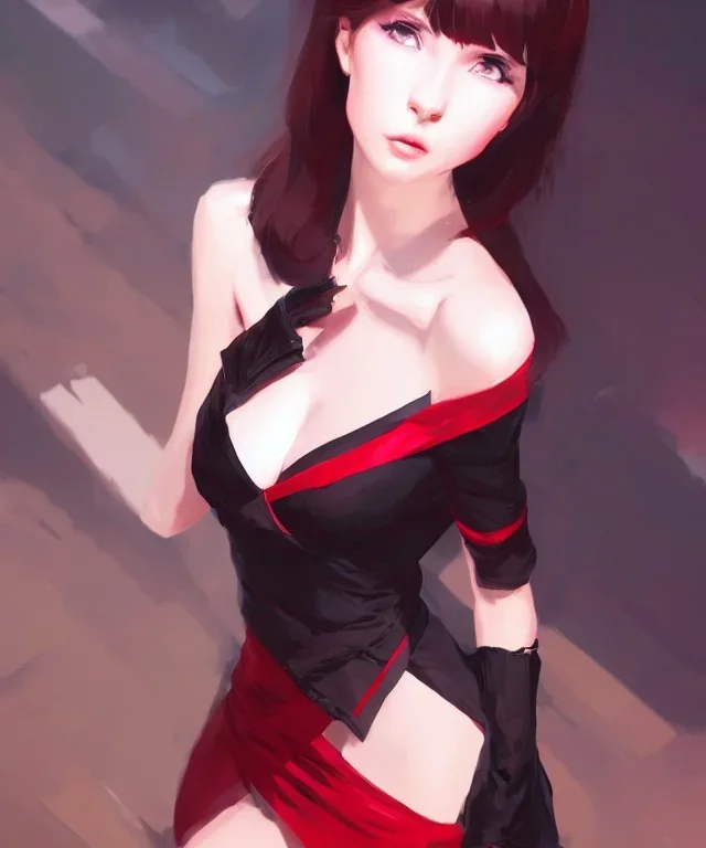 Insane pretty young woman short red black dressed. by wlop, ilya kuvshinov, krenz cushart, greg rutkowski, pixiv, sarah j. maas book cover style magician at the end of a corridor, smooth, sharp focus, d & d style, artstation, 4 k, hdr