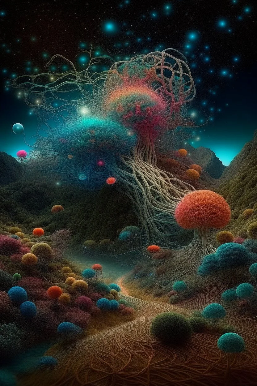 Fabulous composition, cosmic, hyperrealistic, microdetalization, surreal, drawing details, clear outline, color illustration, aesthetically pleasing, stardust, mystical landscape, curved trees, calendula, dark fantasy, monsters, multicolor, detailed, 3d, threads, fibers, bolto, mountains, fantastic pine neurons,ambient clarity,voluminous