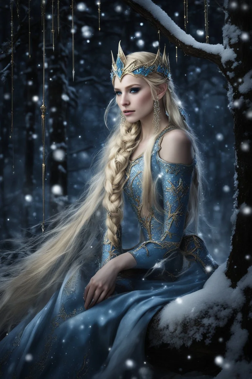 Elven princess,elven crown,long blonde golden hair,rapunzel hair,ice flowers,beautiful,light blue,dark blue,golden armor,sparkle,glitter,ice flowers,snow,elven ears,dark fairy princess