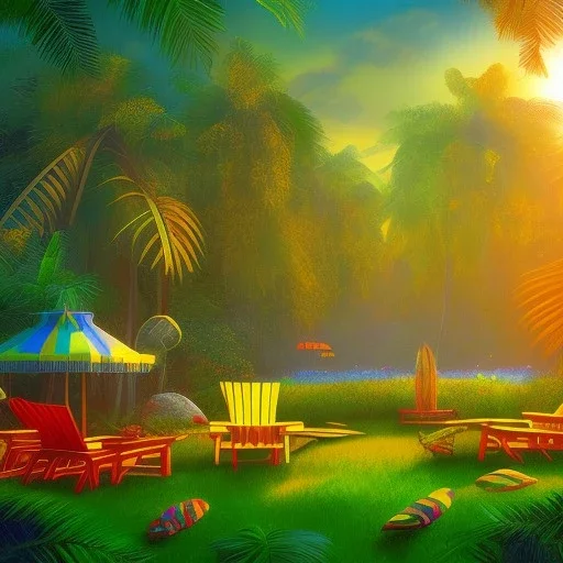 sunset in a tropical jungle with lawn chairs, blue red and yellow