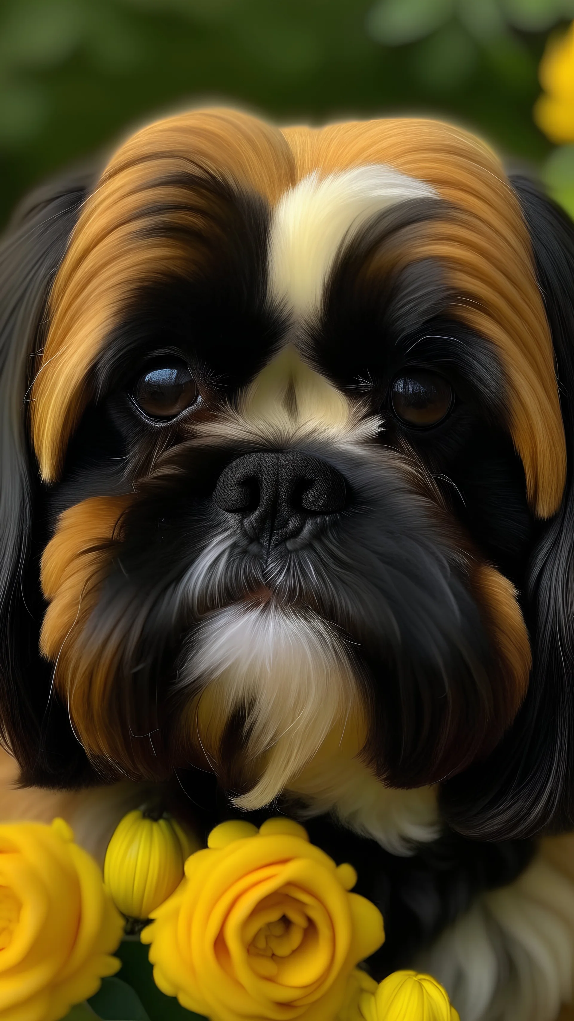 brown and black shih tzu headshot in yellow roses