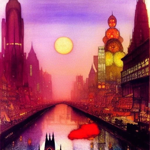 Metropolis Skyline , bright colours, watercolor, volumetric wool felting, macro photograph , by john atkinson Grimshaw, detailed painting,matte painting, alphonse mucha