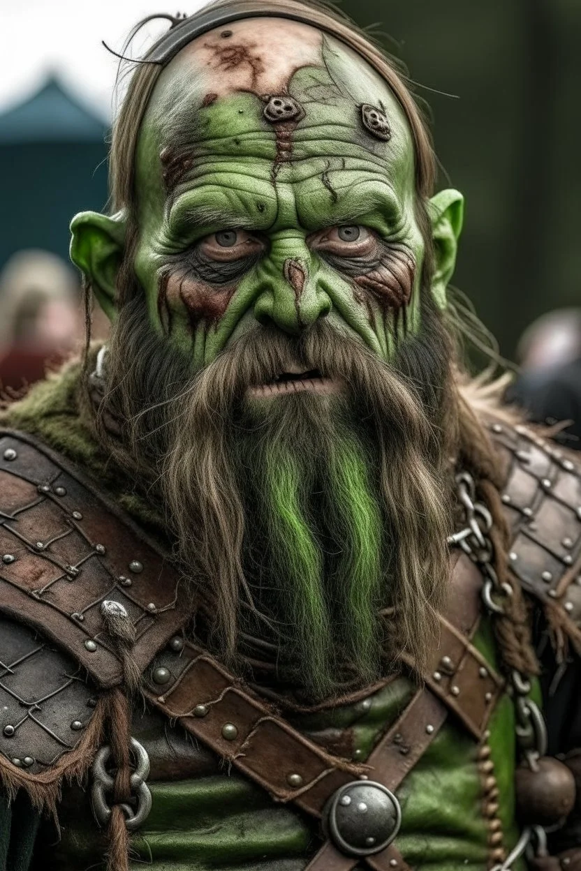 a green zombie with a beard and scars, in medieval armour