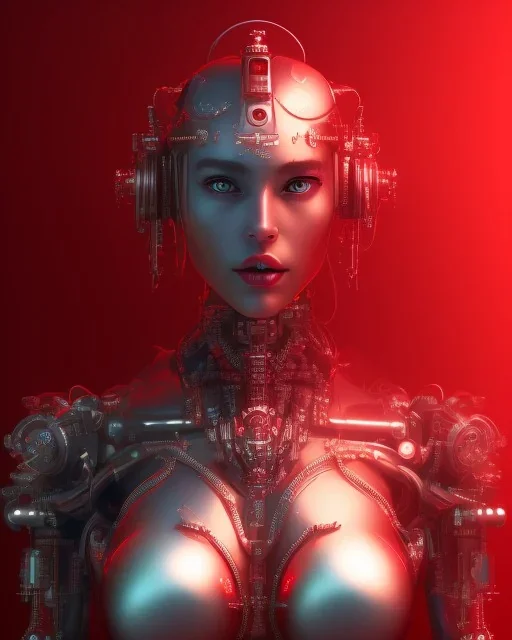 A beautiful portrait of a cyborg women red color scheme, high key lighting, volumetric light high details psychedelic background