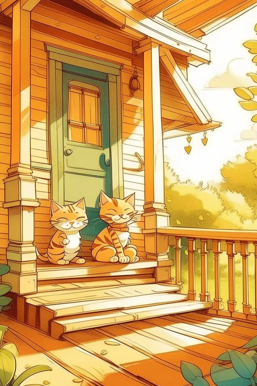 kids illustration, Cats on the porch, cartoon style, thick lines, low detail, water color shaded