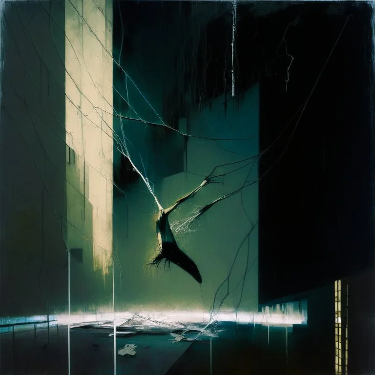 Minimal abstract oil painting of a falling person limbs sinew. Amongst concrete fragments brutalist architecture and hanging wires illuminated at night. In the style of Justin Mortimer and Phil Hale and Francis bacon