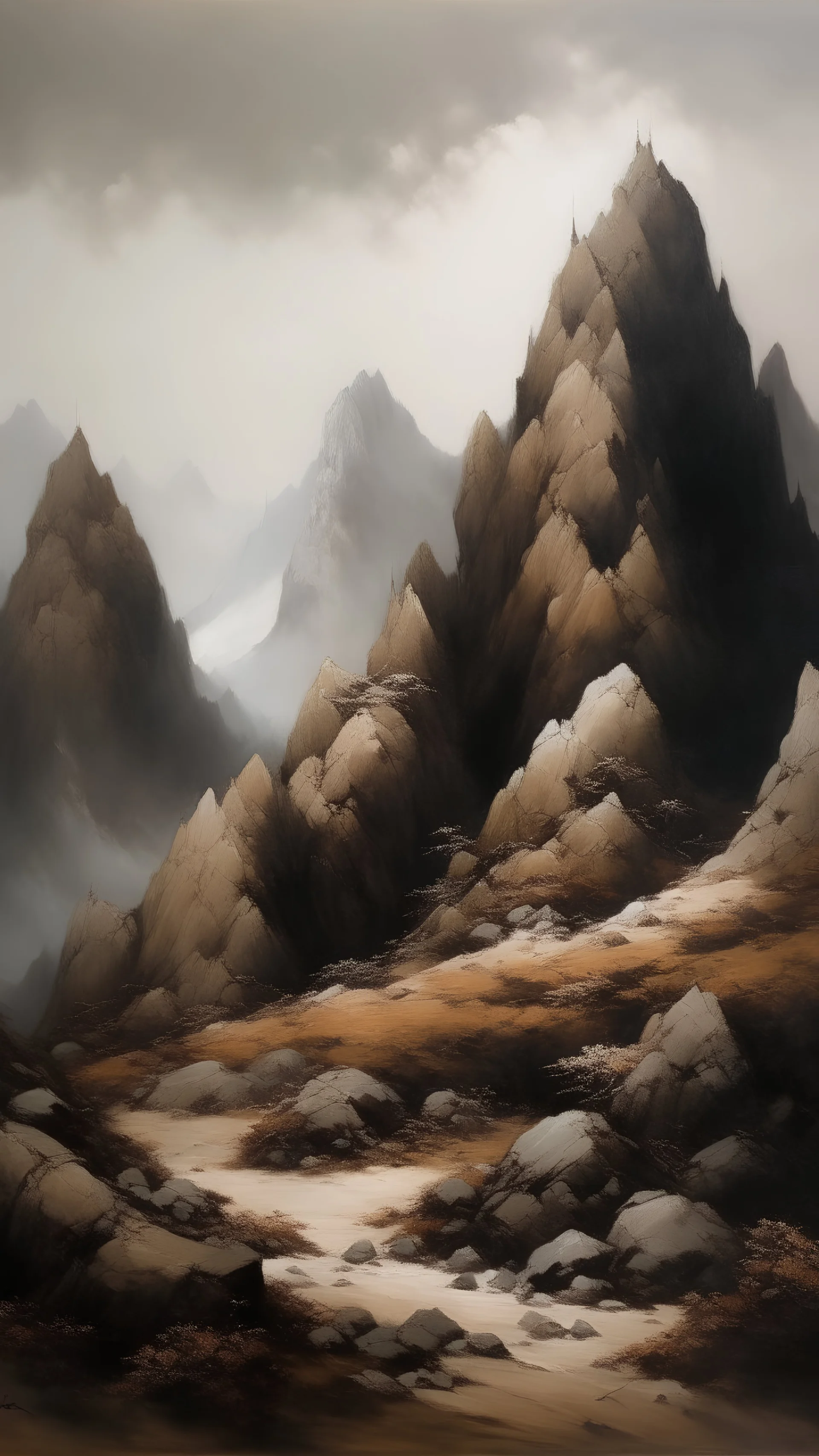 A brown mountain surrounded by rocks painted by Zhang Lu