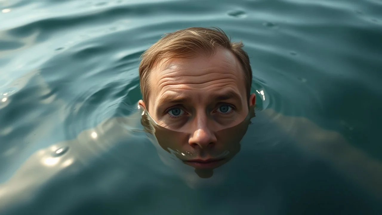 A Man Seriously Looking Straight With Only His Head And Eyes Are Appearing From The Surface Of The Water.