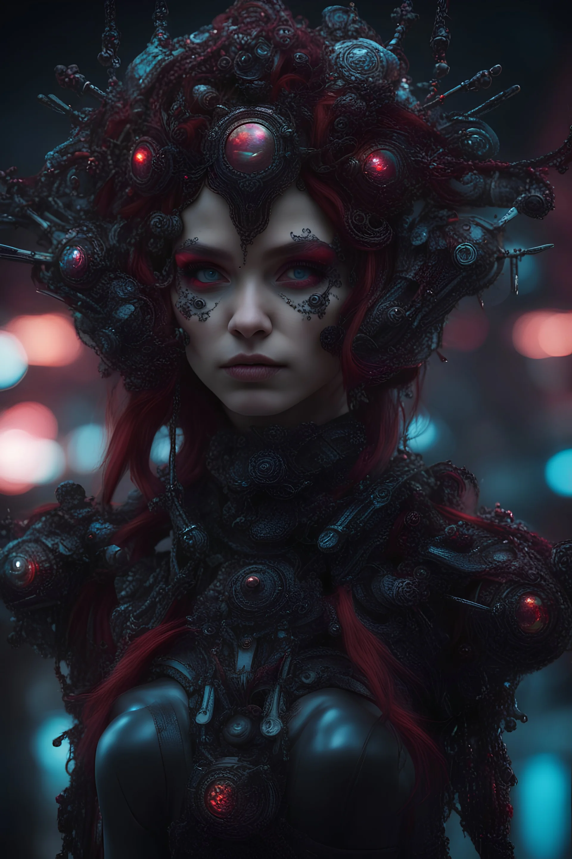 full body, enchanted punk girl, intricately detailed, eyes cybernetic, eyes holographic, darkred tones, 8k, macro photography, high lighting, intricate,