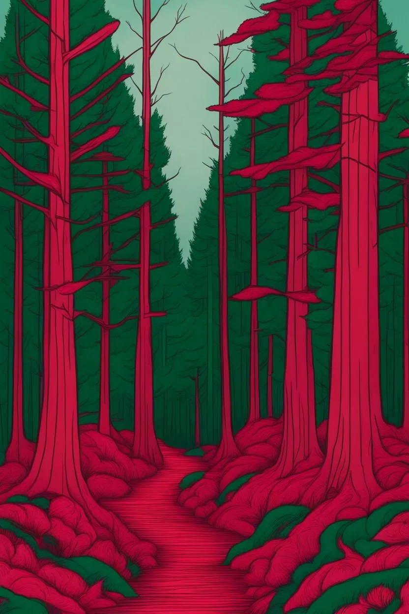 forest in red trees and dark green colors only, thin lines draw style
