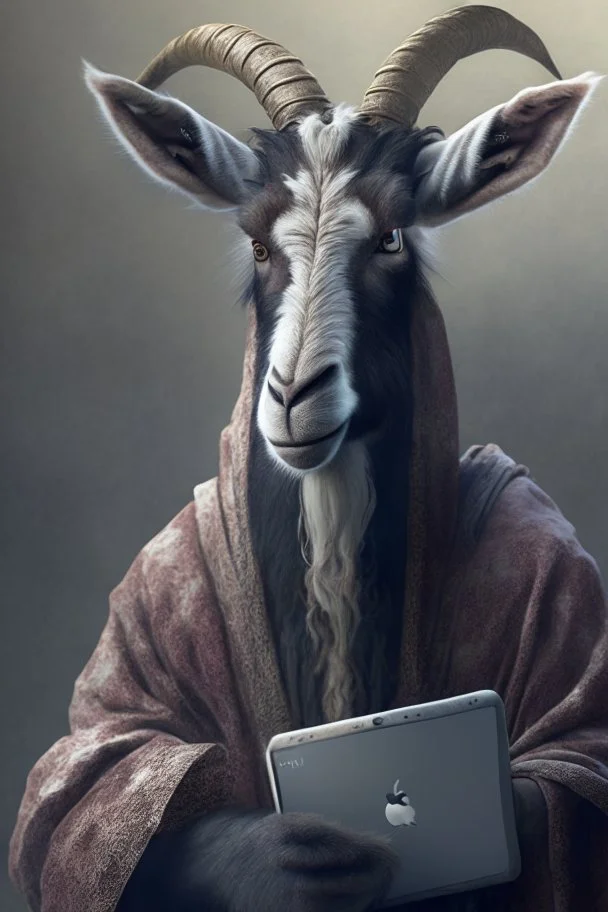 Thug goat holding ipad, dramatic lighting, matte painting, highly detailed, cgsociety, hyperrealistic, --no dof, --ar 2:1