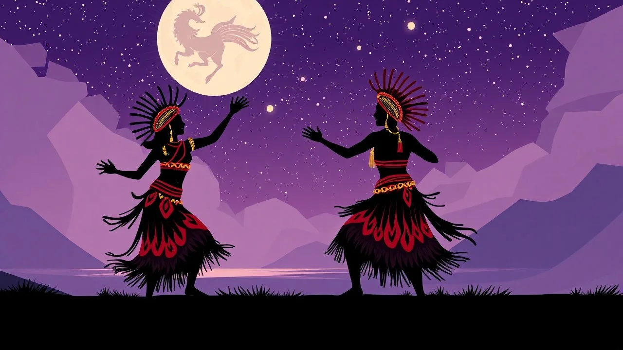 PREFIX: A digital illustration with a modern, abstract style using geometric shapes and bold contrasting colors - SCENE: Traditional Samoan dancers performing a mesmerizing cultural dance under the starlit sky - SUFFIX: Infused with a futuristic twist, creating a unique blend of ancient traditions and contemporary artistry