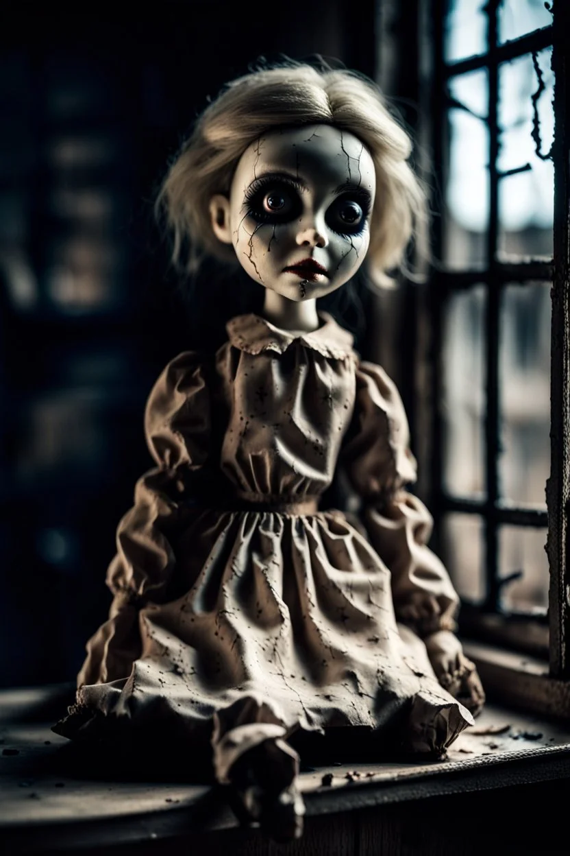 looking at the camera a high realistic porcelain puppet doll, old, dirty with old dress, sitting on shelf, in background blur cracked window. The figure has cracked face and head, and piercing big black eyes. High contrast, cinematic, thriller, dark, atmospheric. Surreal style , perfect composition, sharp focus, intricate details, crepy stunning horror vibe