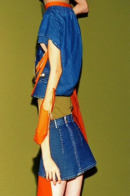 year 1996 denim fashion. Loose skirt, low waist. Combat t-shirt. Colors: denim blue, blue, purple, cream, khaki, light green, lilac, plum, orange, terracotta, red, light yellow, pink, dark blue, beige. Latex in small part. Something between Sturnus vulgaris pattern and lynx lynx prints.. bridget jones and jennifer lopez. Hoodie.